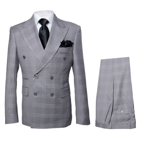 Mens Grey Double Breasted Windowpane Jacket with Flat Front Pants RM1796