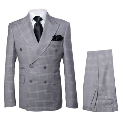 Mens Grey Double Breasted Windowpane Jacket with Flat Front Pants RM1796