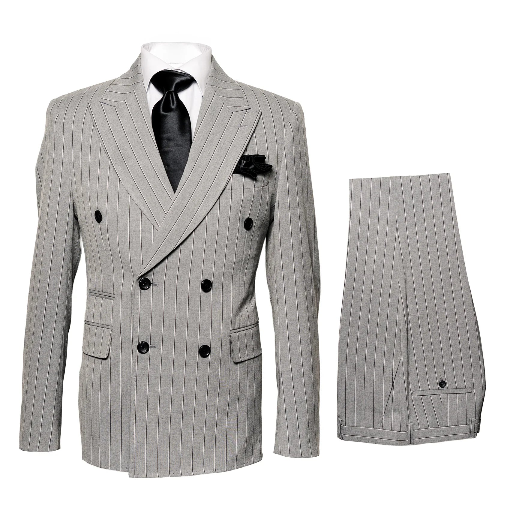 Gray and Black Pinstripe Double Breasted - Modern Fit 1920s Vintage Looking Suit - 34 Short