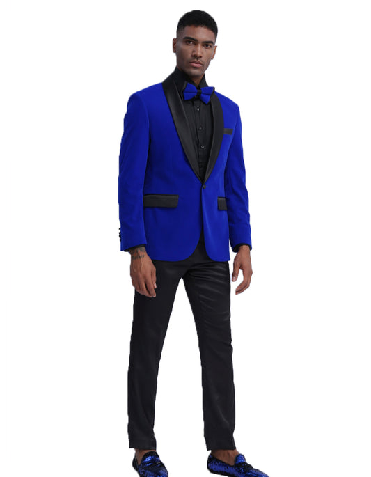 Mens Royal Blue Prom Tuxedo - Mens Velvet Shawl Tuxedo Dinner Jacket in Royal Blue