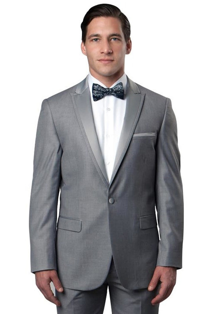 Grey Men's Slim Fit Tuxedo - One Button, Satin Trim, Peak Lapel for Prom & Wedding