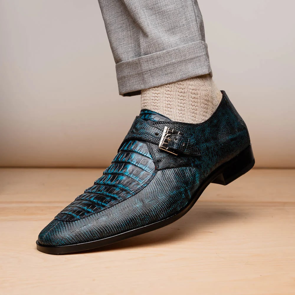 Marco Di Milano Toluca Blue / Black Jean Monk Strap Lizard & Crocodile Shoes - 6 Standard / D / Medium