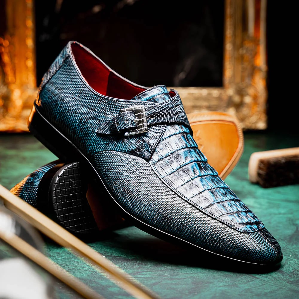 Marco Di Milano Toluca Blue / Black Jean Monk Strap Lizard & Crocodile Shoes - 6 Standard / D / Medium