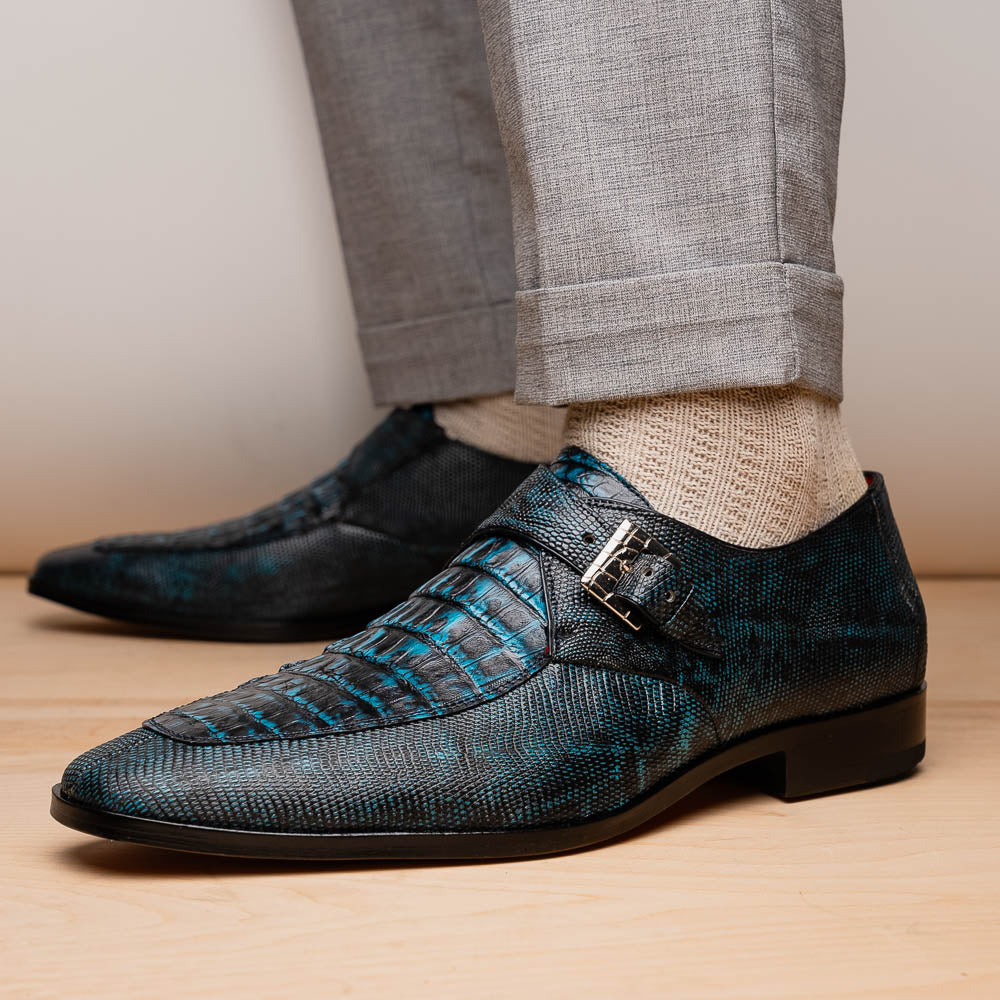 Marco Di Milano Toluca Blue / Black Jean Monk Strap Lizard & Crocodile Shoes - 6 Standard / D / Medium