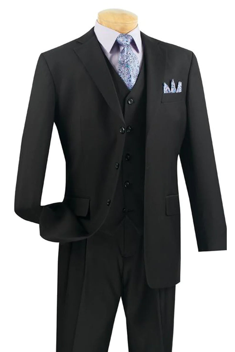 "Classic Fit Men's 3-Button Vested Basic Black Suit"