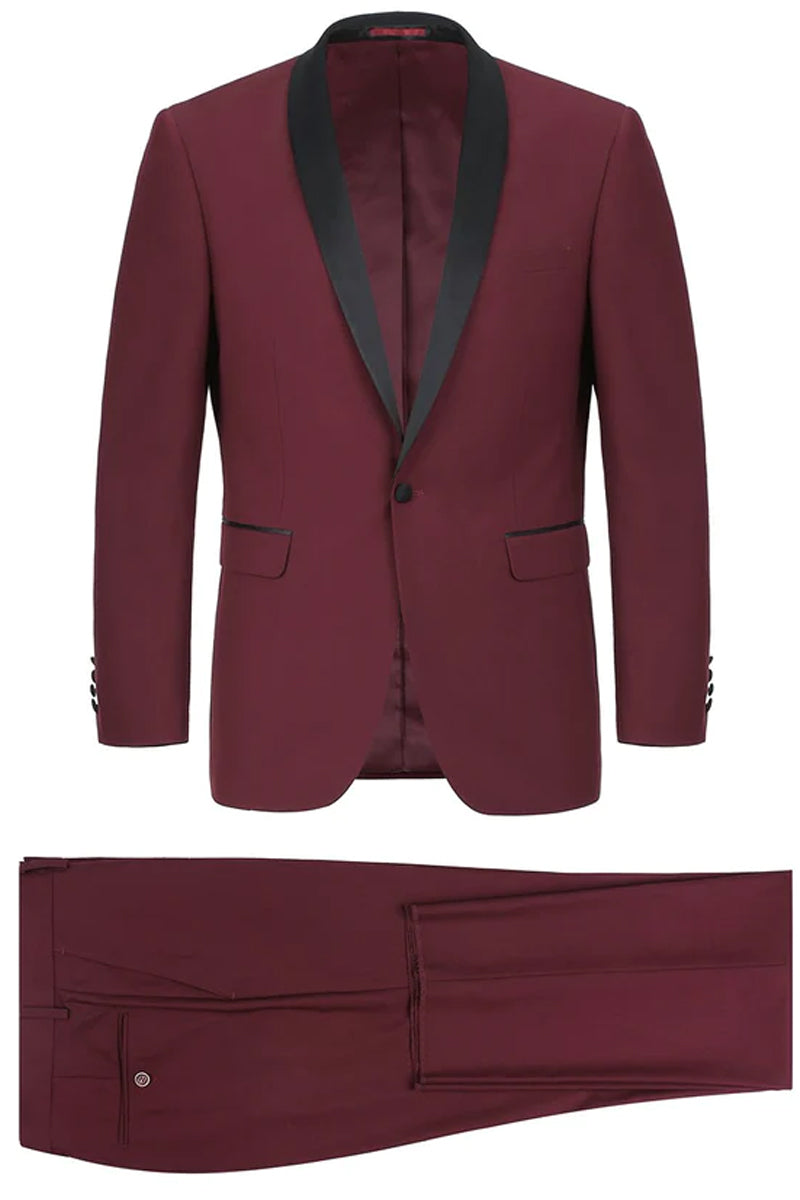 Burgundy Slim Fit Shawl Collar Tuxedo for Men - Traditional Style - 34 Short