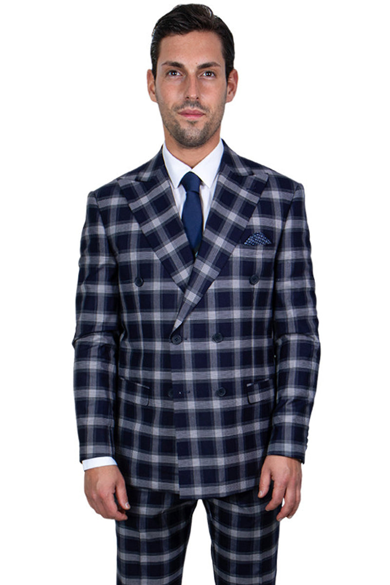 "Mens Stacy Adams Suit - Stacy Adams Suit Men's Double Breasted Navy Plaid Suit" - 34 Regular