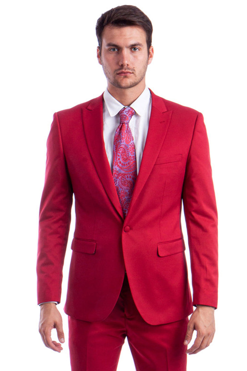 "Red Slim Fit Men's Suit with One Button Peak Lapel Design"