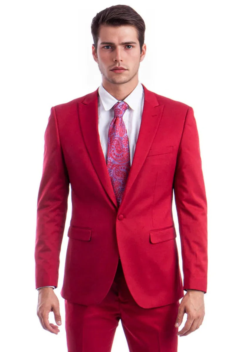 "Red Slim Fit Men's Suit with One Button Peak Lapel Design" - 34 Short