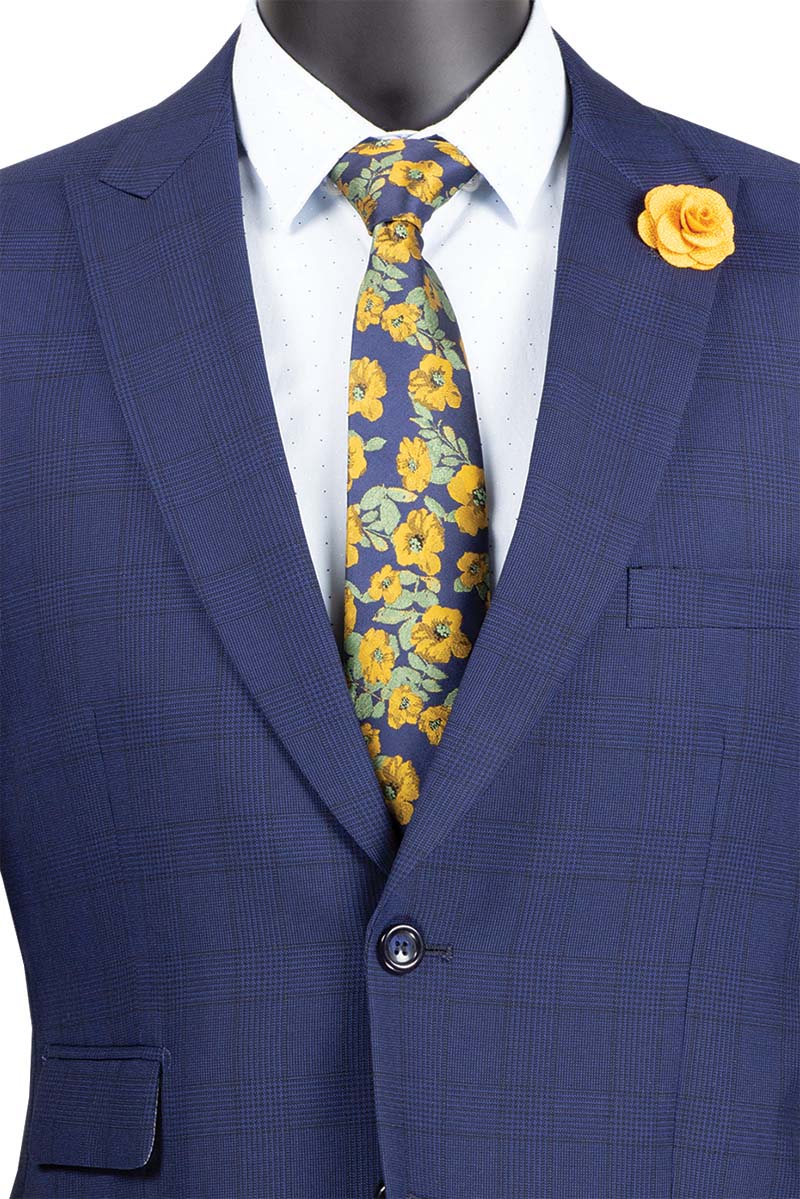 Catania Collection - Modern Fit Windowpane Suit 2 Piece in Blue - Blue
