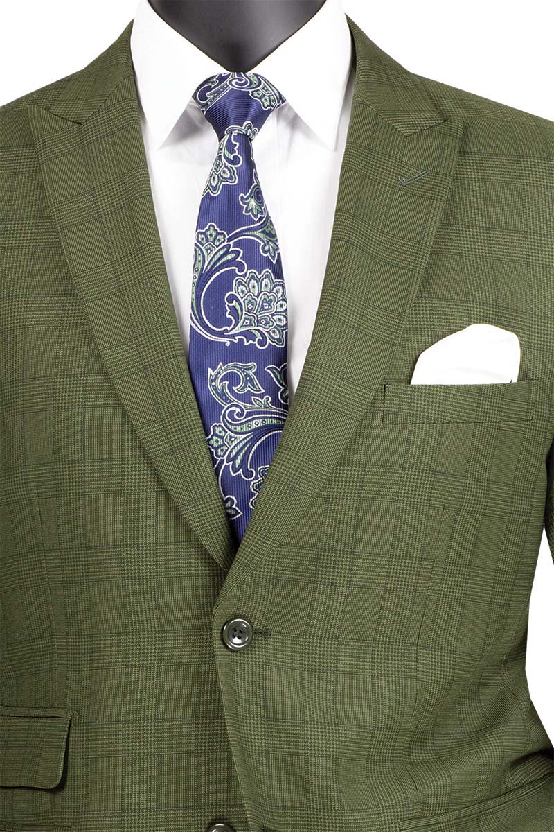 Catania Collection - Modern Fit Windowpane Suit 2 Piece in Olive - Olive