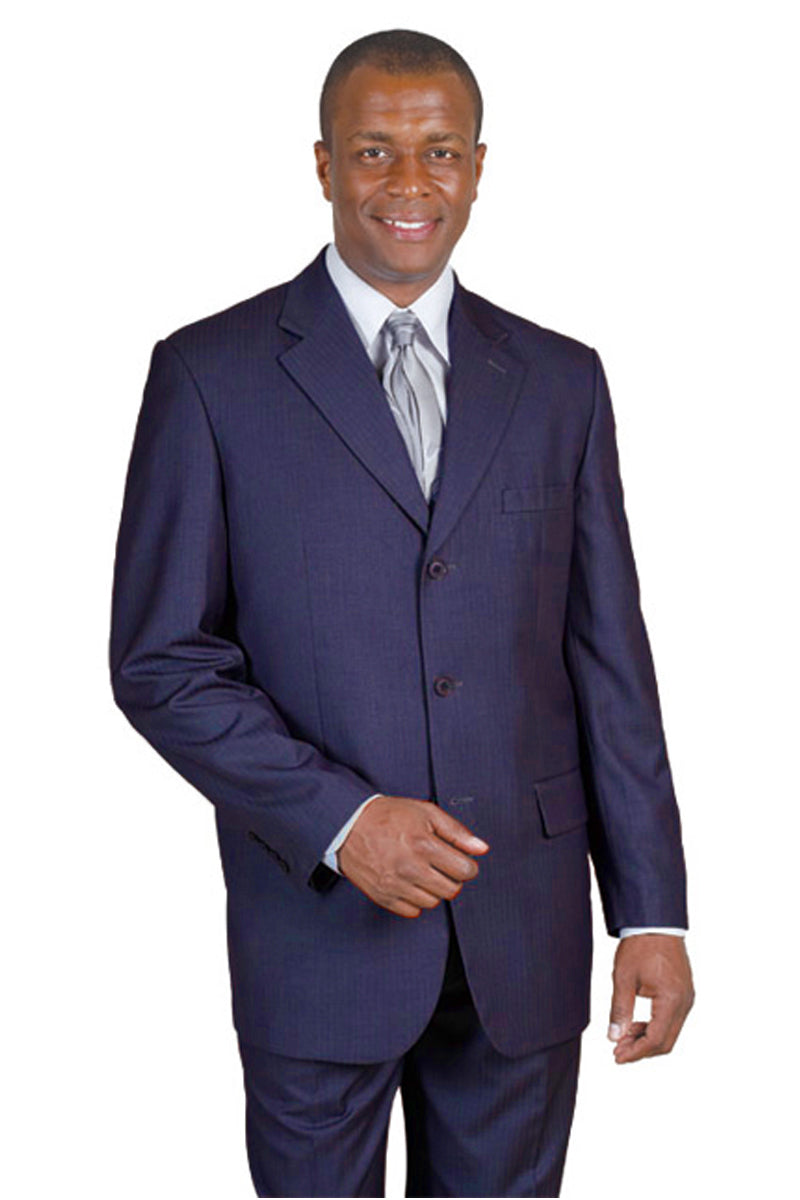 "Navy Blue Men's Classic Wool Feel Pinstripe Suit - 3 Button Design"