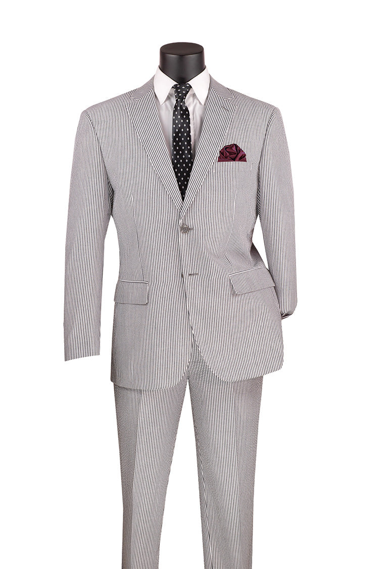 Modern Fit Summer 2 Piece 2 Button Suit Striped Seersucker in Black - Black