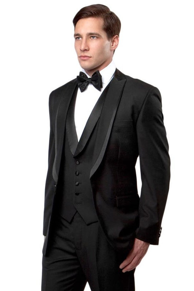 "Black Men's Fancy Tuxedo with Satin Trim & One Button Peak Lapel Vest"