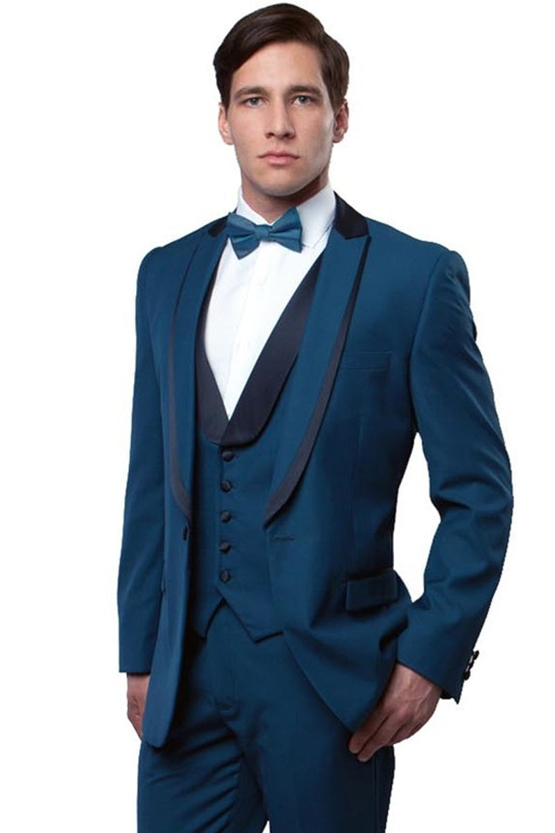 "Teal Blue Men's Fancy Tuxedo with Satin Trim and One Button Peak Lapel"