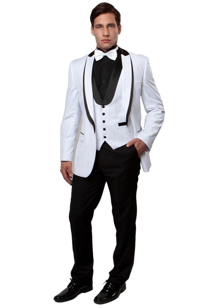 "White Men's Fancy Tuxedo with Satin Trimmed Peak Lapel - One Button Vested"