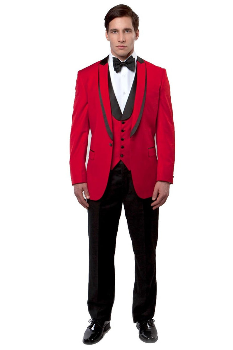 "Red Men's Tuxedo with Satin Trim & One Button Peak Lapel Vested"