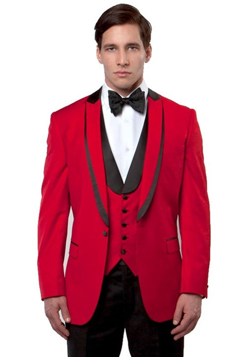 "Red Men's Tuxedo with Satin Trim & One Button Peak Lapel Vested"
