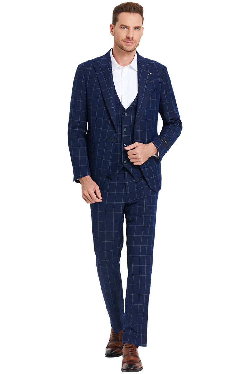 "Men's Navy  Windowpane Plaid Suit - One Button Peak Lapel Vested" - 34 Short
