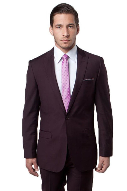 "Eggplant Plum Men's Slim Fit Suit with One Button Peak Lapel"