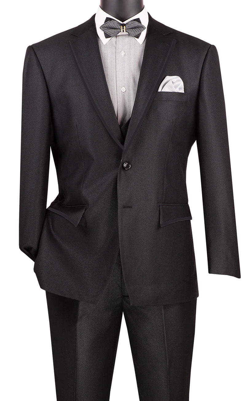 Birdseye Pattern Modern Fit 3 Piece Black Suit with Black Trim - Black