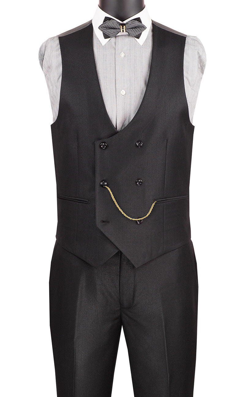 Birdseye Pattern Modern Fit 3 Piece Black Suit with Black Trim - Black