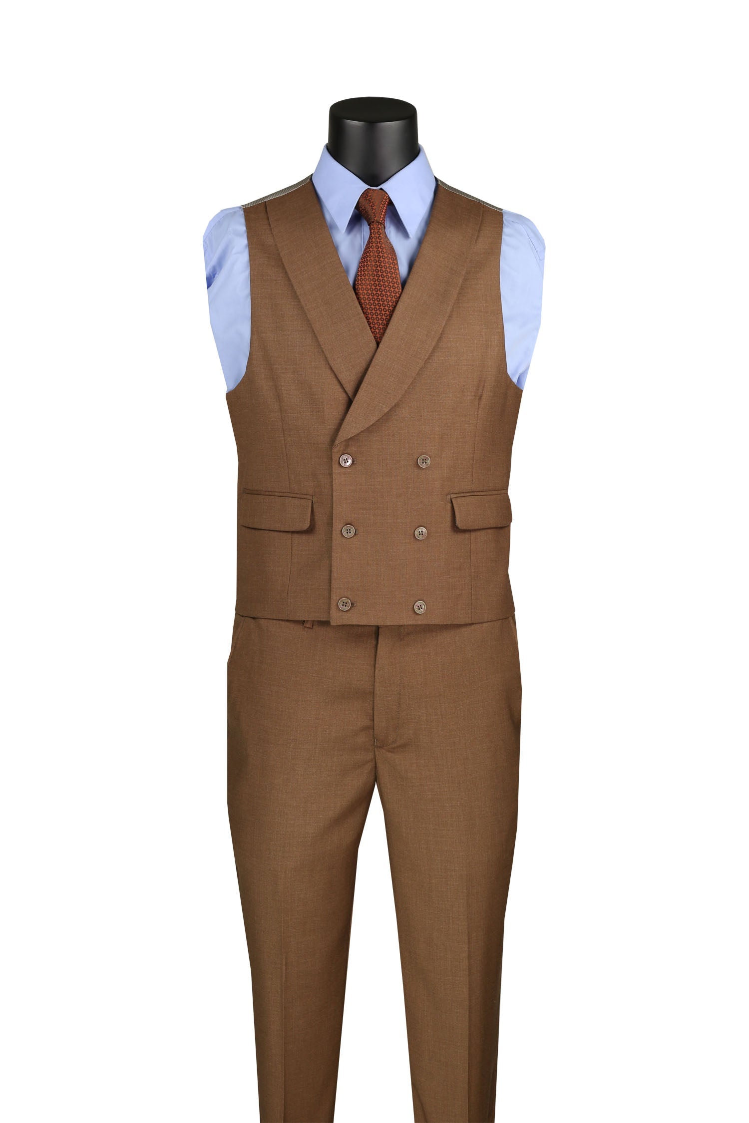 Light Brown Modern Fit 3 Piece Suit with Vest and Adjustable Waist Band Pants - Light Brown