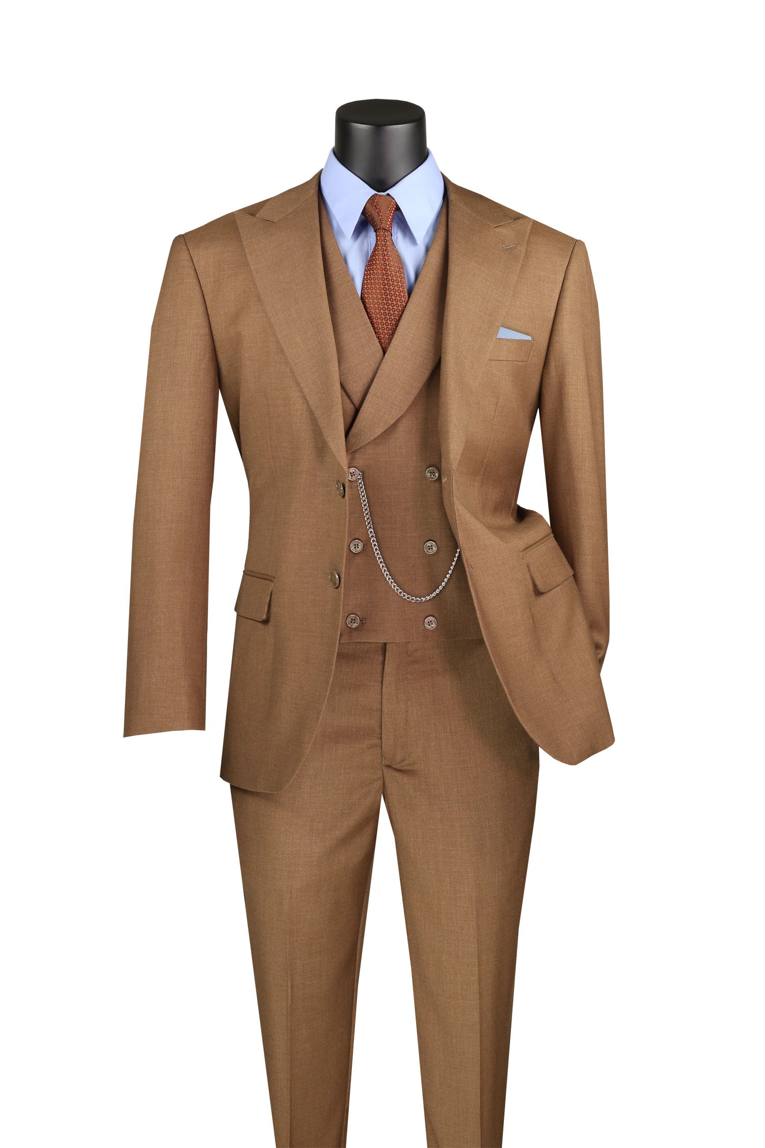 Light Brown Modern Fit 3 Piece Suit with Vest and Adjustable Waist Band Pants - Light Brown