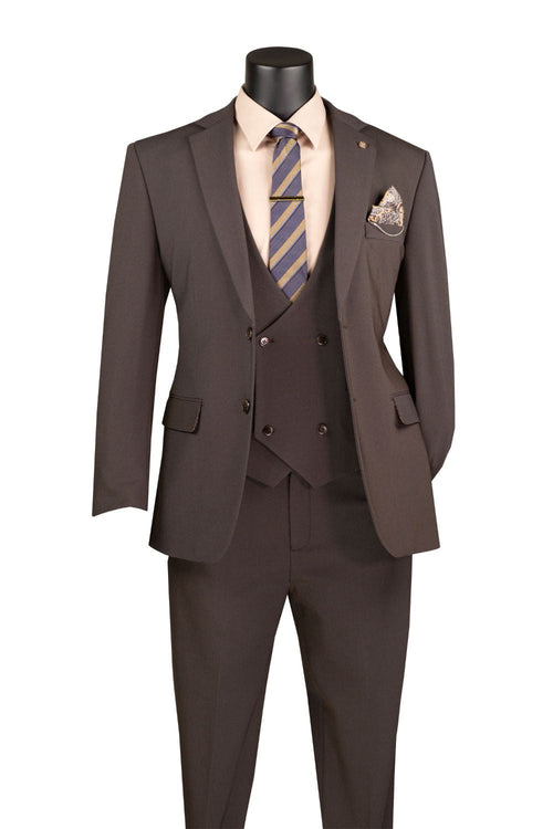 Modern Fit 3-Piece Suit with Vest and Adjustable Waistband Pants - Brown