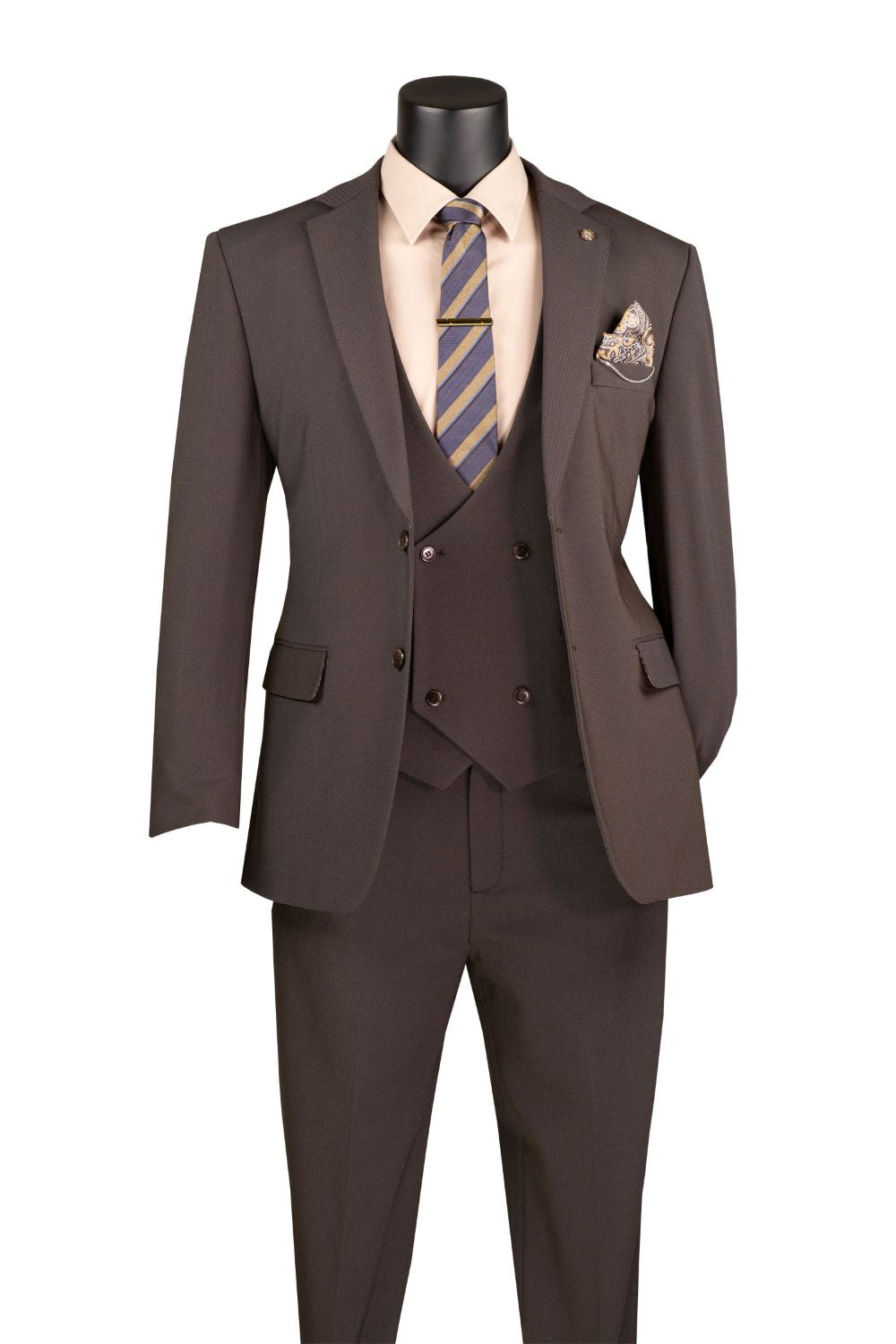 Modern Fit 3-Piece Suit with Vest and Adjustable Waistband Pants - Brown