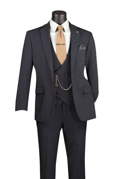 Modern Fit 3-Piece Suit with Vest and Adjustable Waistband Pants - Charcoal Black