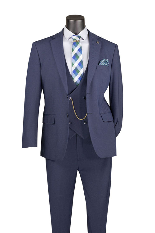 Modern Fit 3-Piece Suit with Vest and Adjustable Waistband Pants - Navy