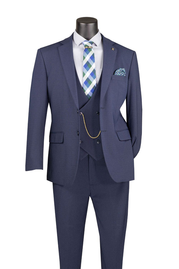 Modern Fit 3-Piece Suit with Vest and Adjustable Waistband Pants - Navy