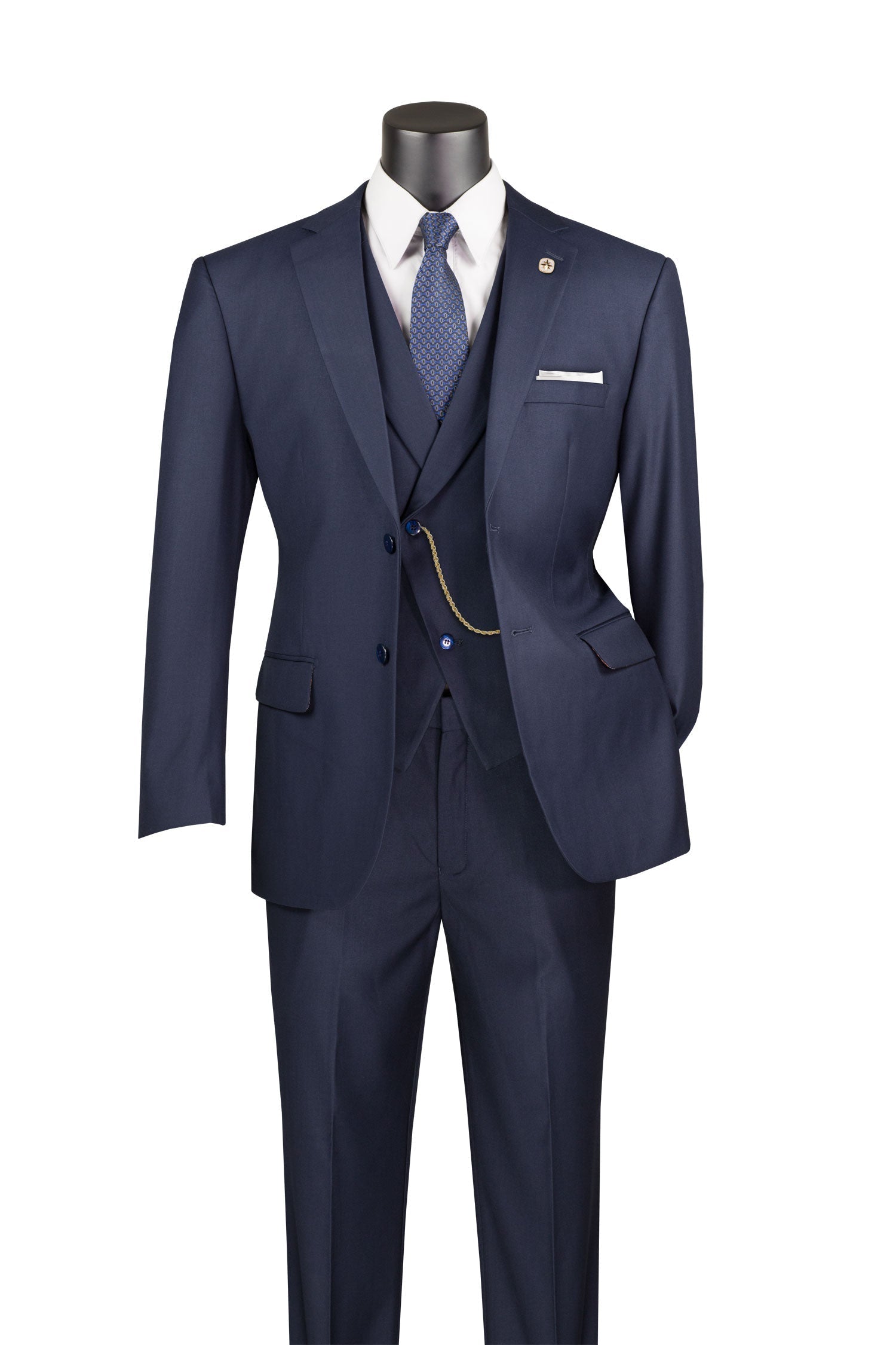 Navy Modern Fit 3 Piece Suit with Vest and Elastic Waist Band Pants - Navy