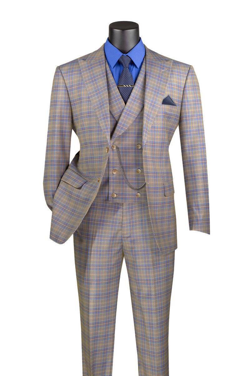 Blue Modern Fit Windowpane Peak Lapel 3 Piece Suit - Blue