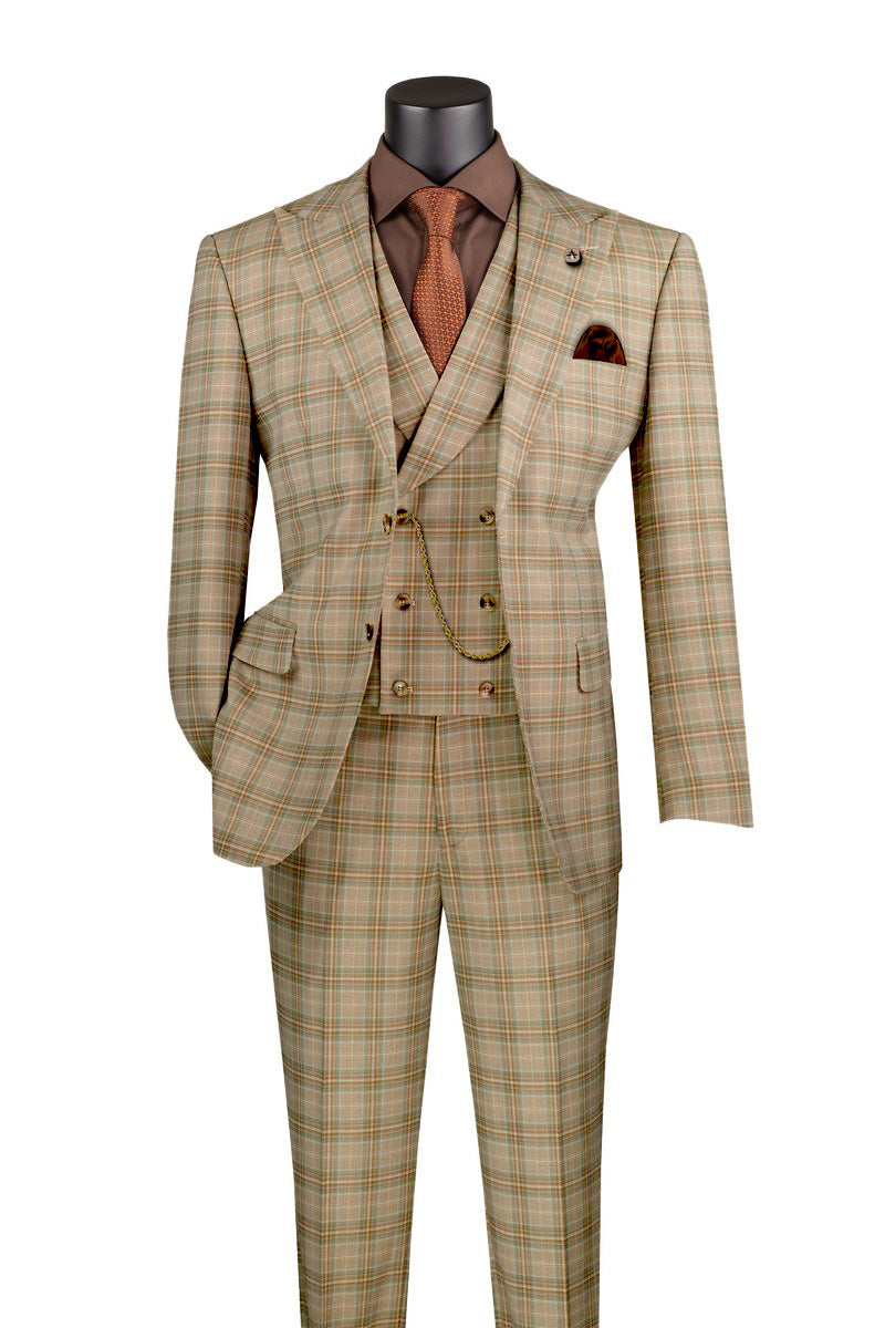 Khaki Modern Fit Windowpane Peak Lapel 3 Piece Suit - Khaki