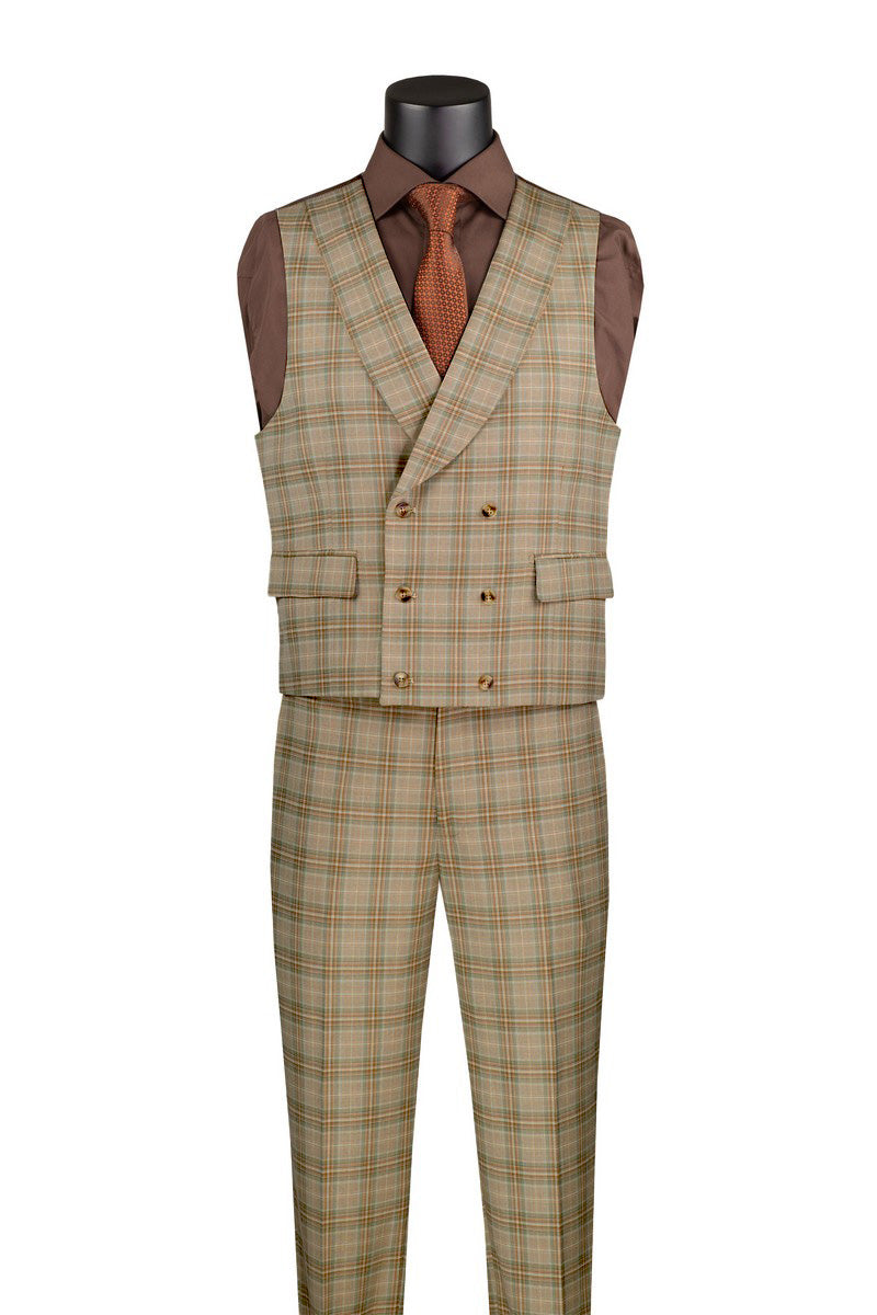Khaki Modern Fit Windowpane Peak Lapel 3 Piece Suit - Khaki