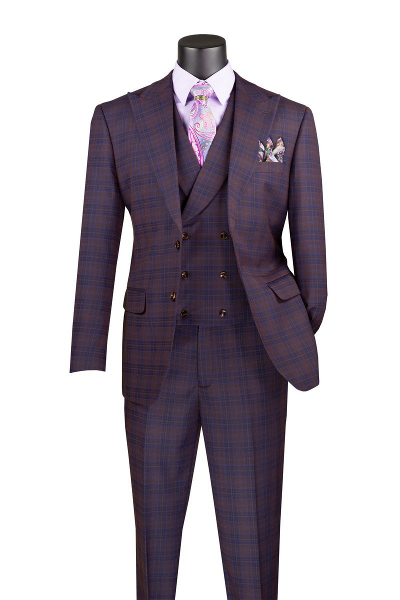 Purple Modern Fit Windowpane Peak Lapel 3 Piece Suit - Purple
