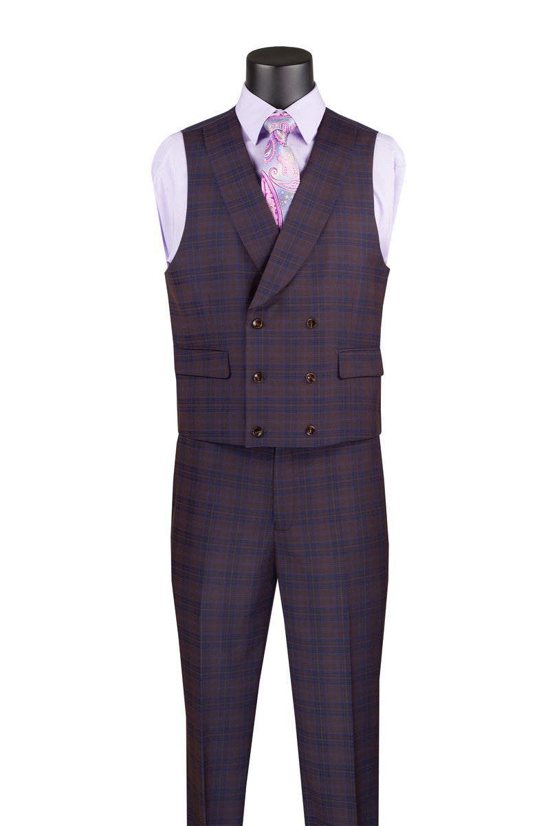 Purple Modern Fit Windowpane Peak Lapel 3 Piece Suit - Purple