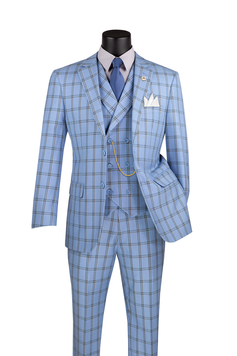 Lazio Collection - Modern Fit Windowpane Suit 3 Piece in Light Blue - Light Blue