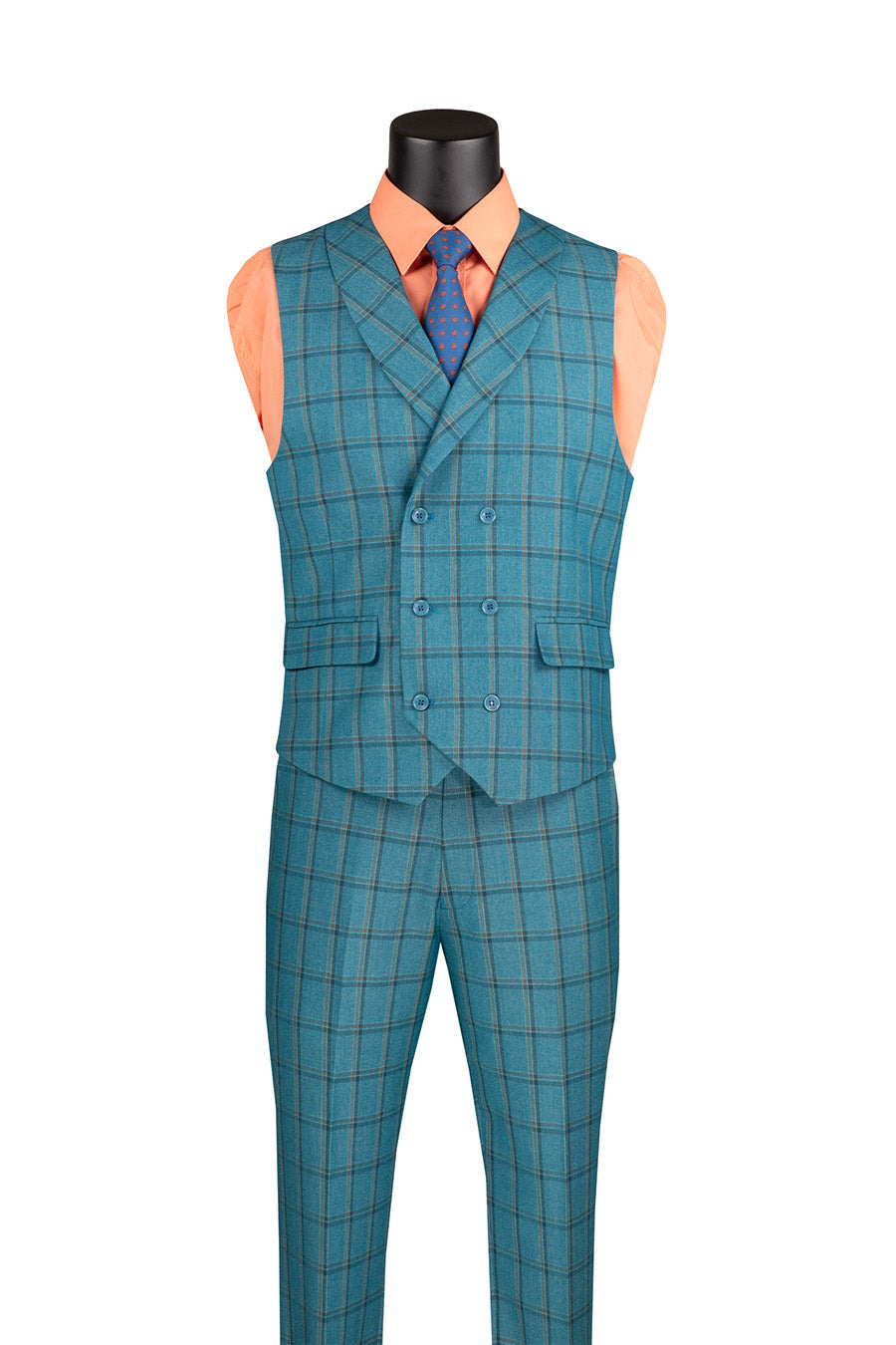 Lazio Collection - Modern Fit Windowpane Suit 3 Piece in Teal Blue - Teal Blue