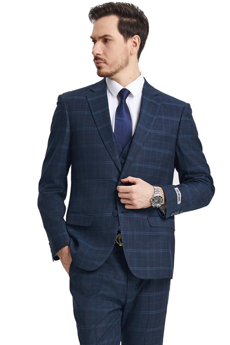 Men's Stacy Adams Vested Modern Fit Windowpane Plaid Suit in Navy Blue - 38 Regular
