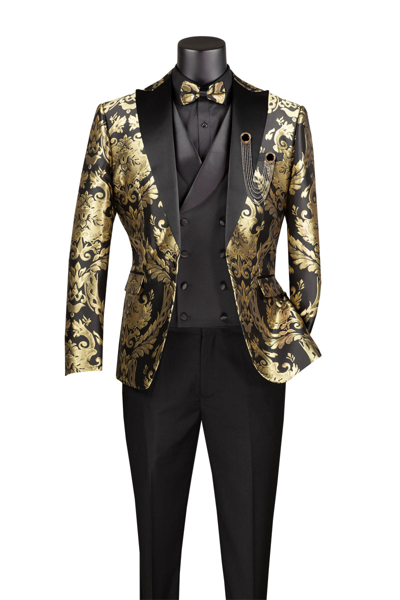 Black Gold Modern Fit 3 Piece Suit with Matching Bow Tie - Black