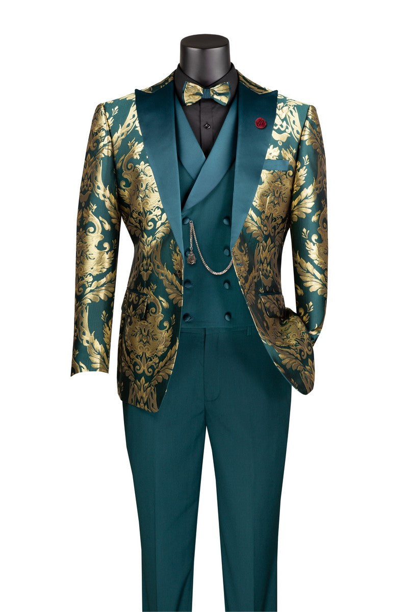 Emerald Gold Modern Fit 3 Piece Suit with Matching Bow Tie - Emerald