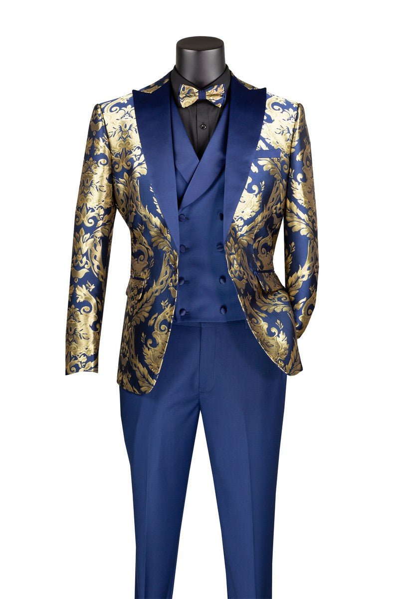 Navy Gold Modern Fit 3 Piece Suit with Matching Bow Tie - Navy
