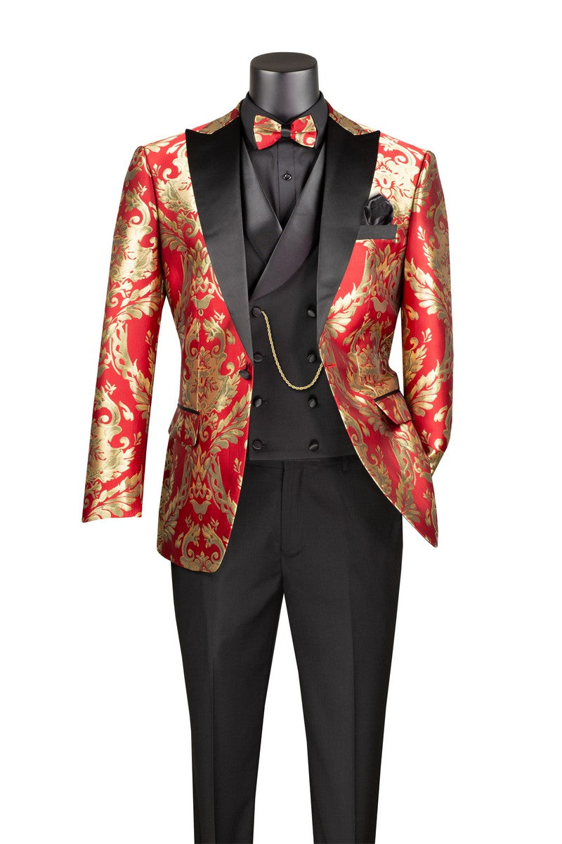 Red Gold Modern Fit 3 Piece Suit with Matching Bow Tie - Red