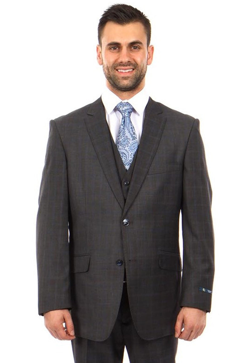 "Men's Wool Vested Suit - Modern Fit, Charcoal Grey & Blue Plaid"