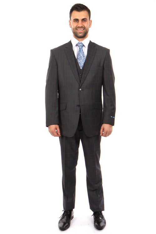 "Men's Wool Vested Suit - Modern Fit, Charcoal Grey & Blue Plaid"