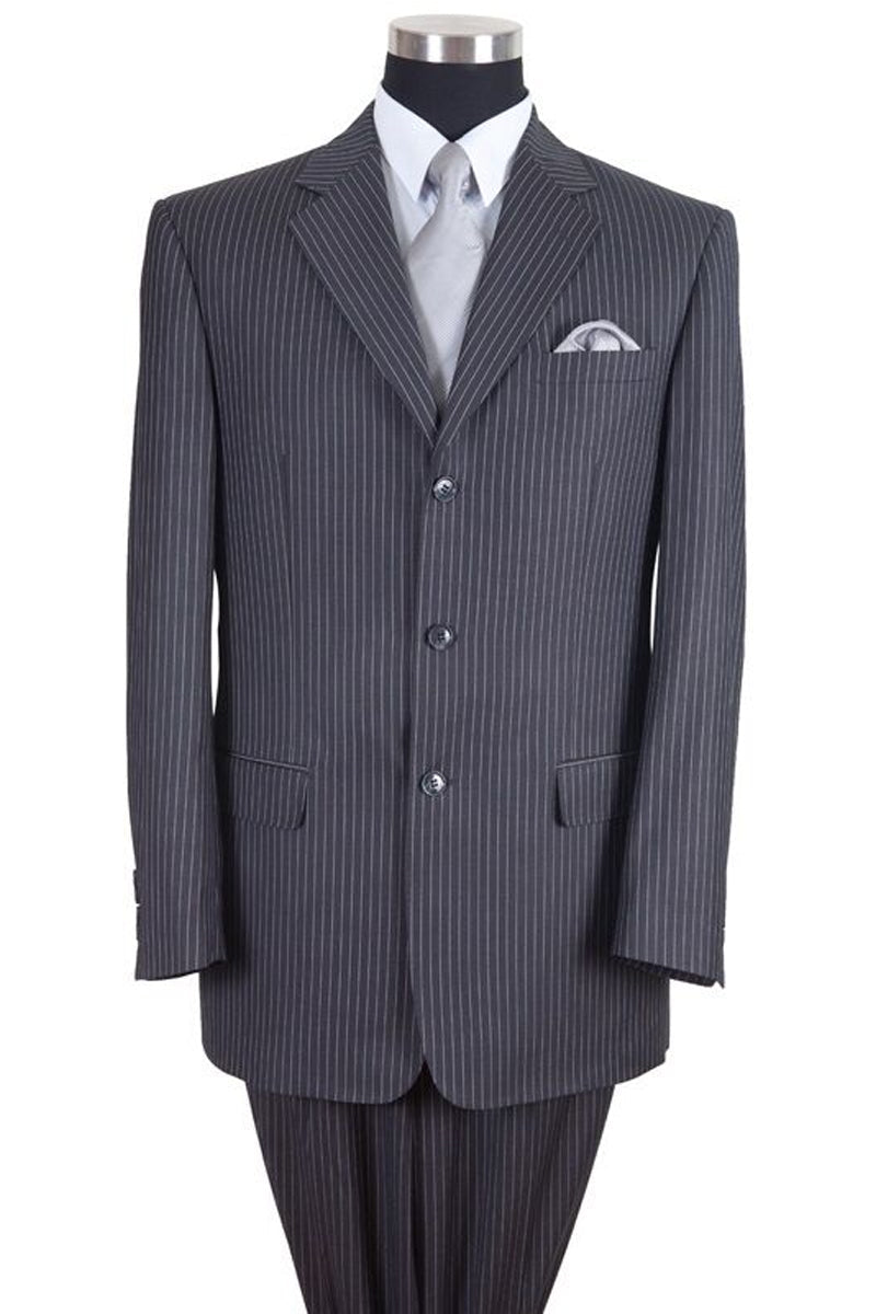 "Grey Pinstripe Suit - Men's Classic Fit 3-Button Banker Style"