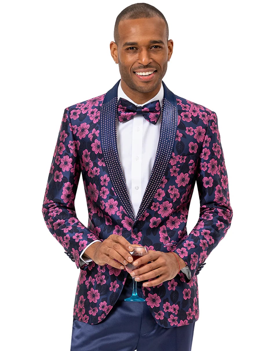 Mens Paisley Jeweled Shawl Prom Tuxedo Blazer in Magenta